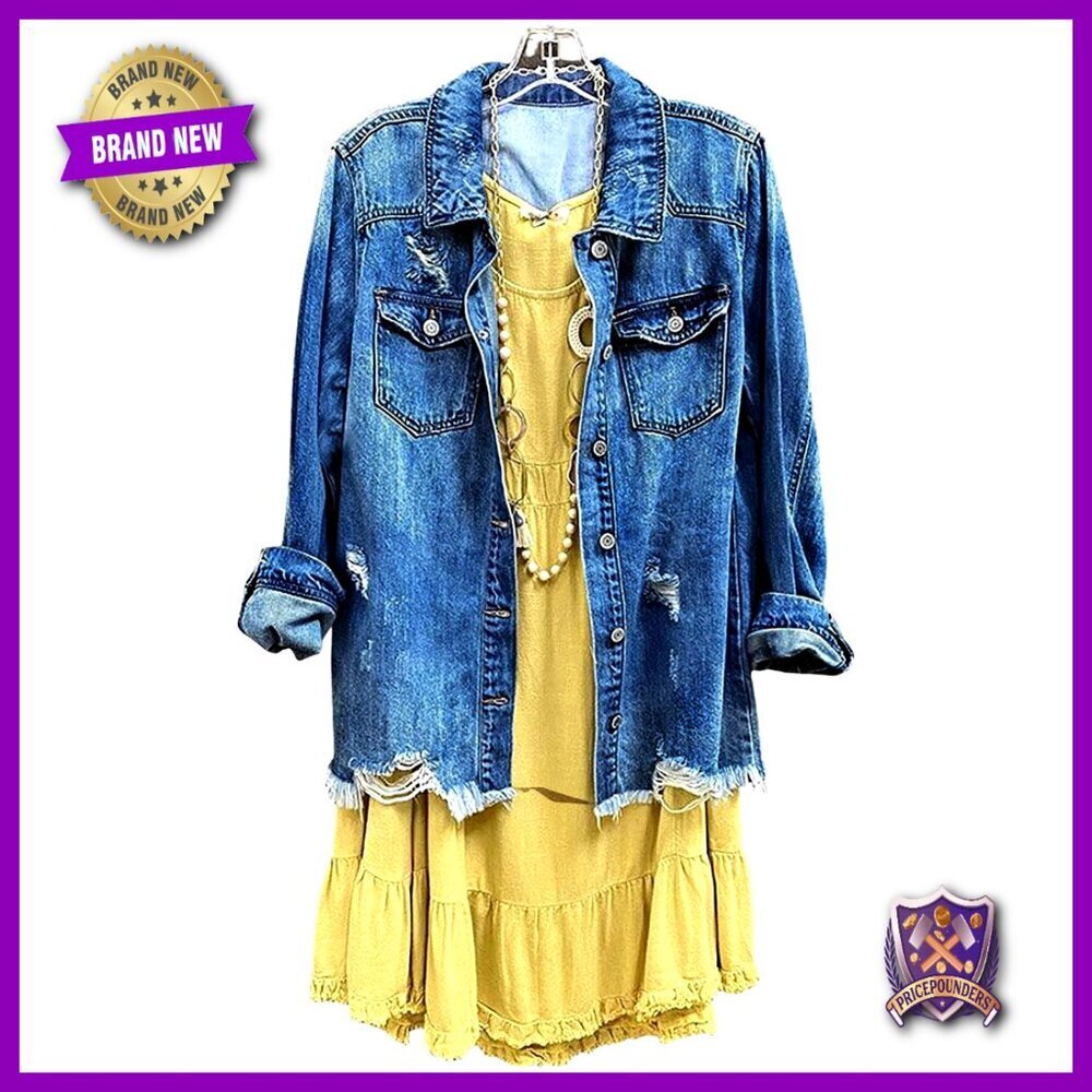 Distressed Denim Jacket Button Down Shirt Casual Oversized Loose Fit Y2K